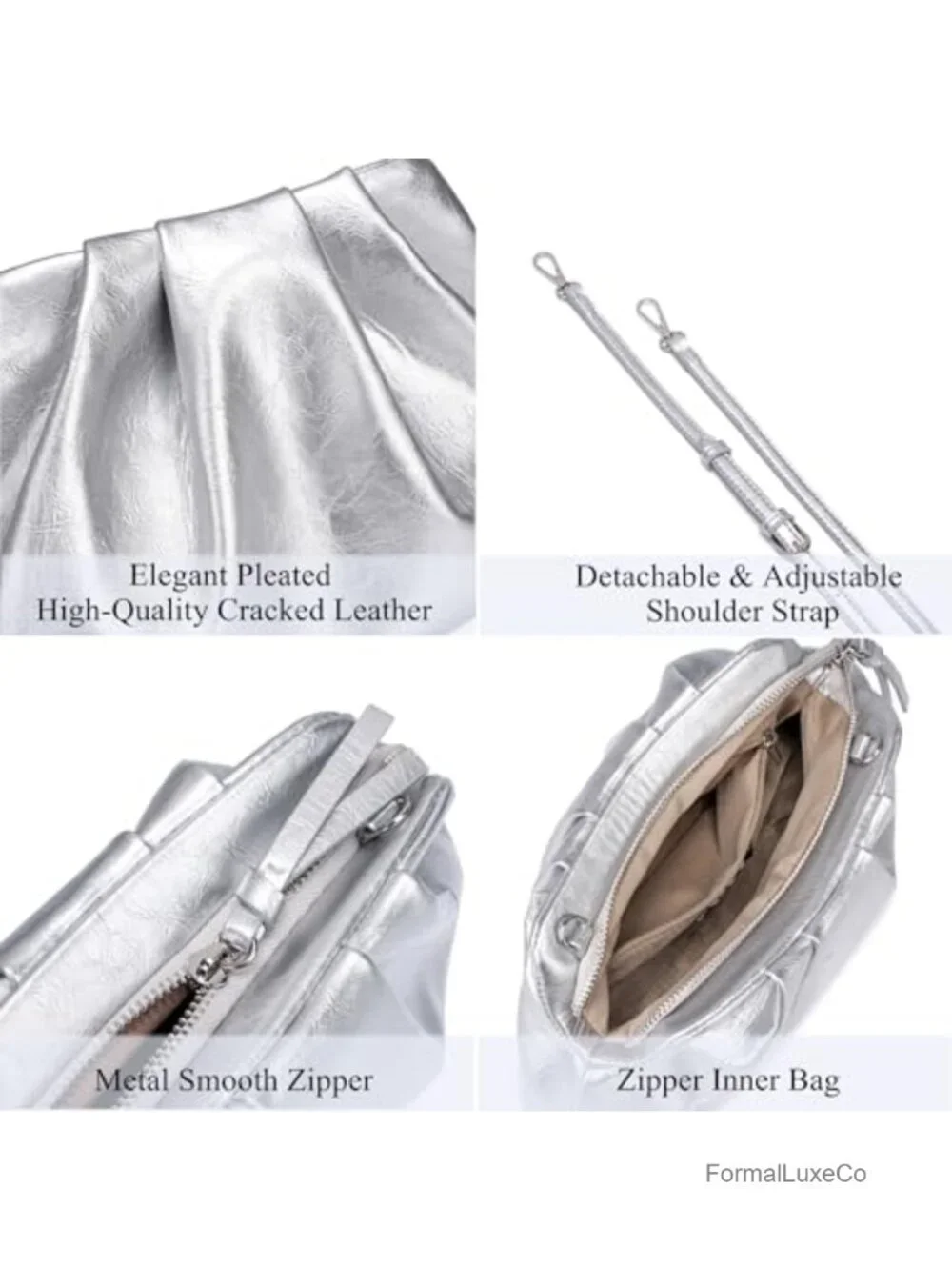 Shiny PU Leather Pleated Evening Clutch Bag with Shoulder Strap